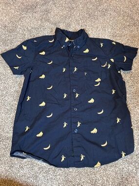Boys Navy Short-Sleeve Button-Up Shirt with Yellow Banana Print